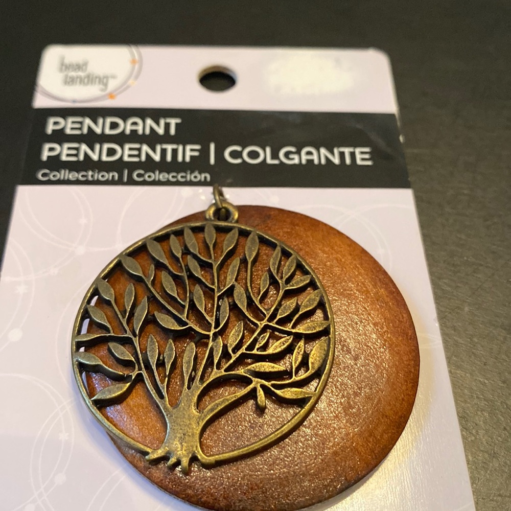 Tree of Life  brass like wood pendant with metal verdigris accent new